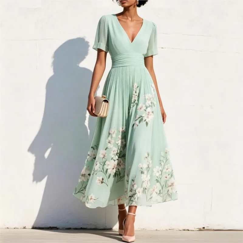 Elegantes bedrucktes Kleid für Damen 2026 – Modisches V-Ausschnitt Kurzarm-Maxikleid mit hoher Taille und weitem A-Linien-Schnitt für Urlaub und Party – Neu