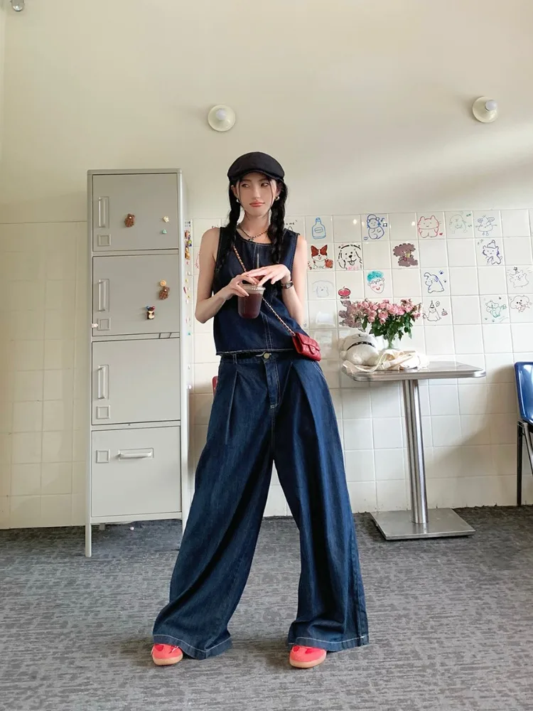 New 2024 Girl Sleeveless Denim Tank + Casual Denim Wide Leg Pants Solid Two Piece Set Women