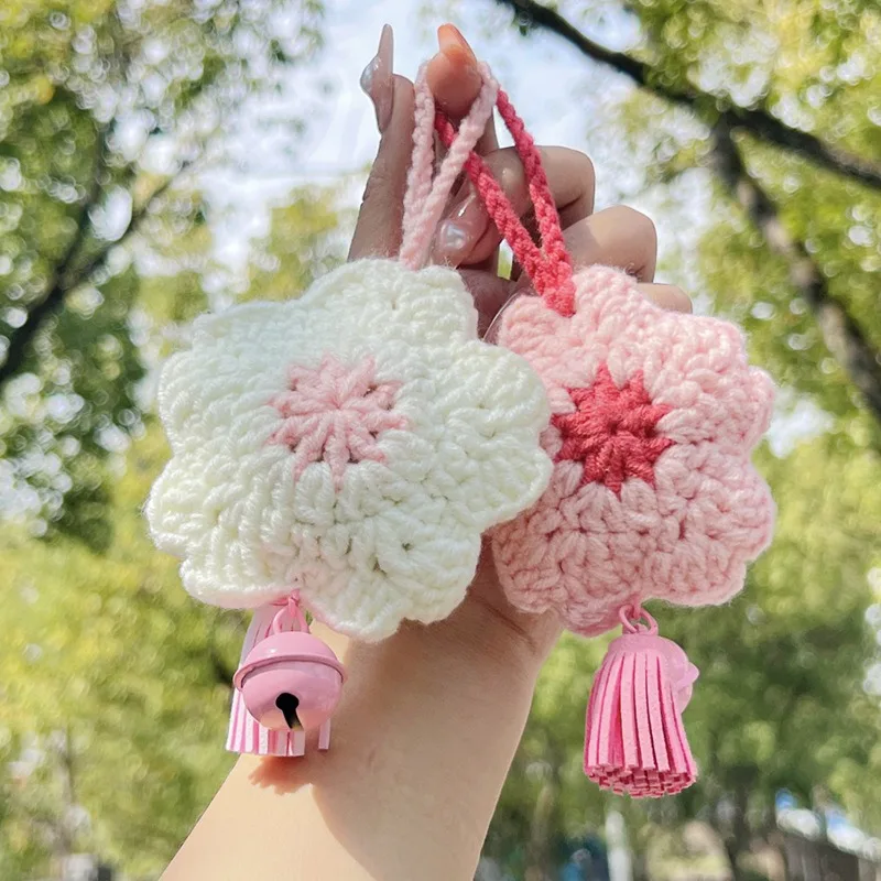 

Minimalist Handmade Cherry Blossom Car Charm Handmade Crochet Yarn Flower Tassel Cute Car Interior Hanging Ornament in-Car Swing