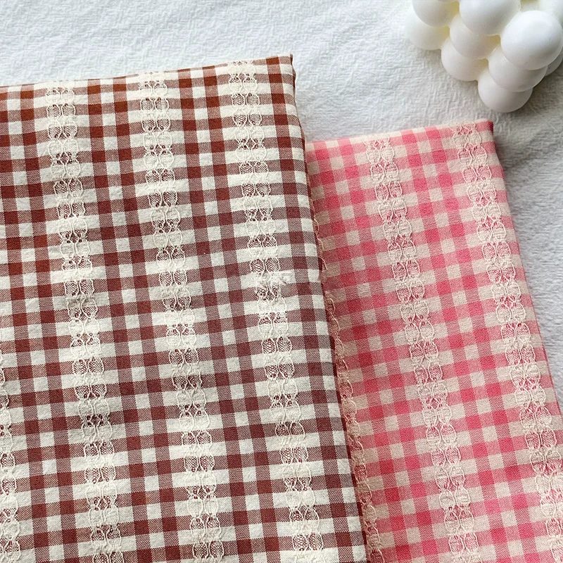 

Jacquard Plaid Cotton Fabric Pink Brown Skirt Pillowcase Summer Clothing Sewing Fabric