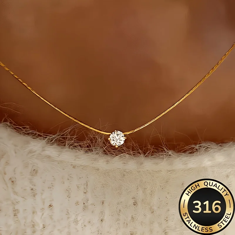 316L Stainless Steel Cubic Zirconia Solitaire Necklace Gold Silver Color Waterproof Hypoallergenic Chain Necklaces For Women