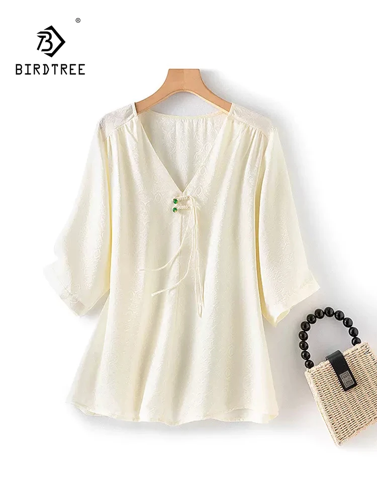 

BirdTree, 100%Real Silk Elegant Shirt, Women V Neck Half Sleeve Jacquard, Commute Chinese Retro Tops, 2024 Summer New T45365QC