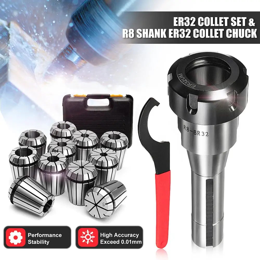 11Pcs/Set ER32 Precision Spring Collet Kit R8-ER32 7/16 Collet Chuck Holder Wrench for CNC Milling Tool Engraving Machine