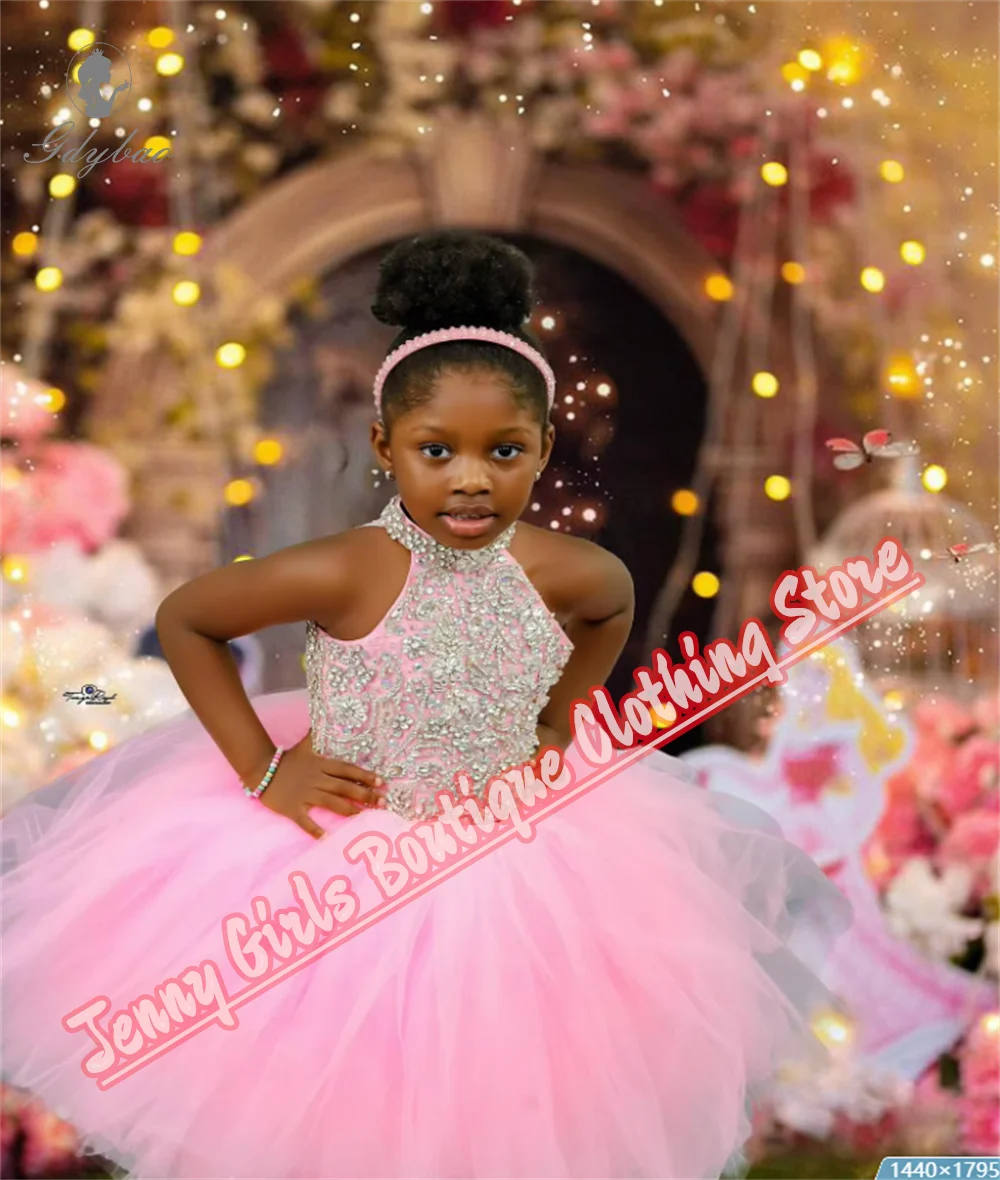 Neck 2025 Flower Girl Dresses Pink Beading Girls Birthday Party Baby Wed First Communion School Performances