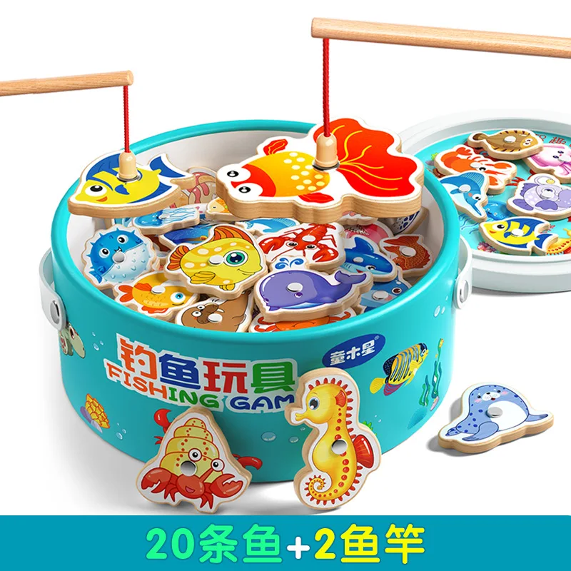 

Children's Fishing Toys Magnetic Wooden Early Education Cognition Ocean Fish Parent-Child Puzzle Fishing Kindergarten Fun Game