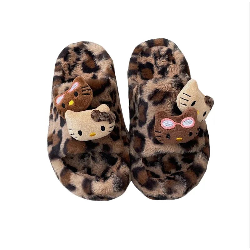 Hello Kitty Anime Leopard-print plush slippers Plush slippers Autumn winter slippers New Sanrio Wear Cute Plush toy slippers