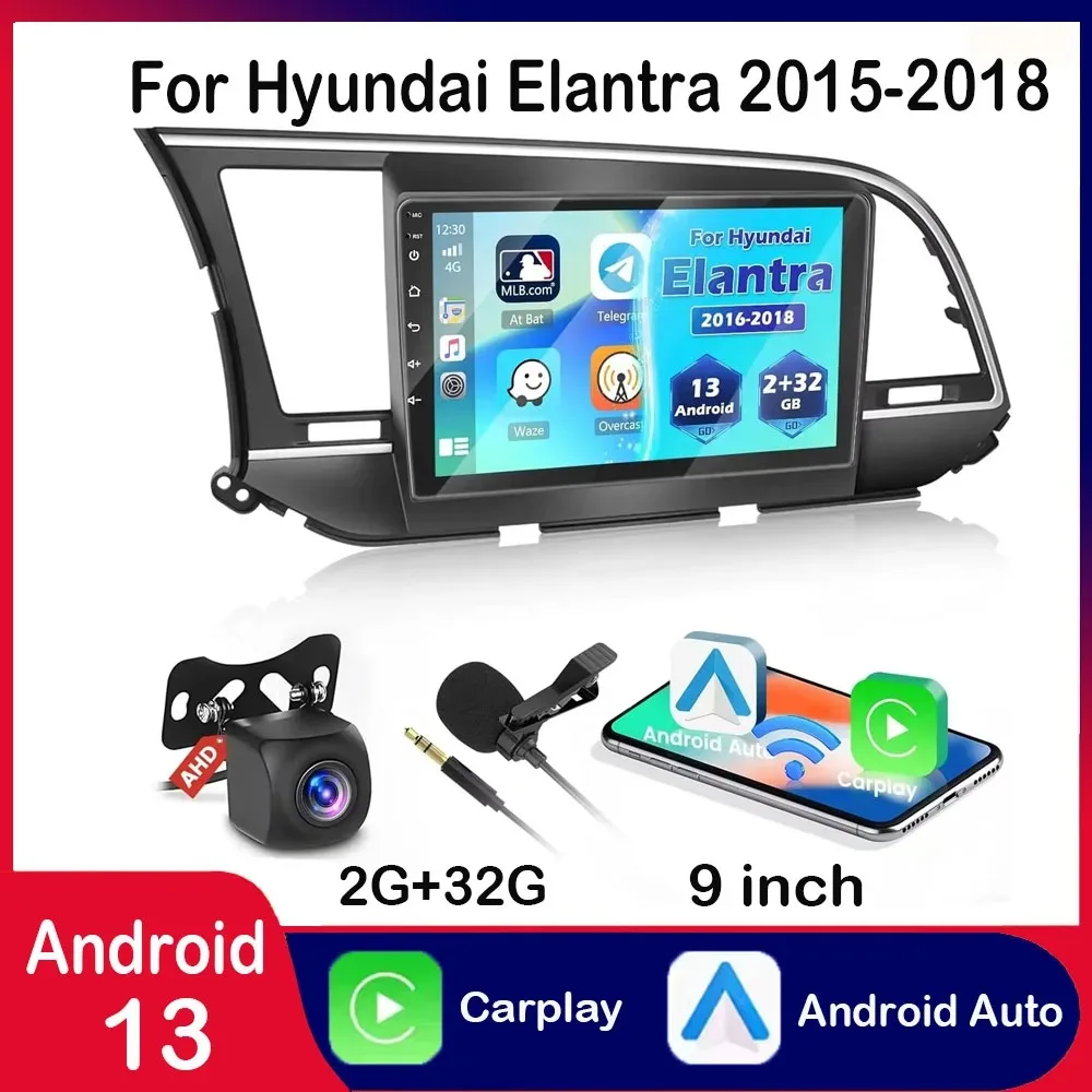 Для Hyundai Elantra 2015-2018 автомобильная стереосистема с беспроводным Carplay Android Auto 9-дюймовый радиоприемник с сенсорным экраном и GPS/WiFi/камерой резервного копирования