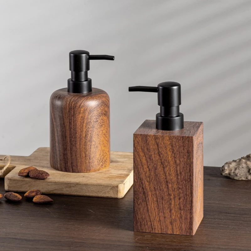 Walnut Wood Grain Hand Soap Bottle- High-Aesthetic Lotion Dispenser, Press-Type Dish Soap, Shampoo & Body Wash Refillable Bottle
