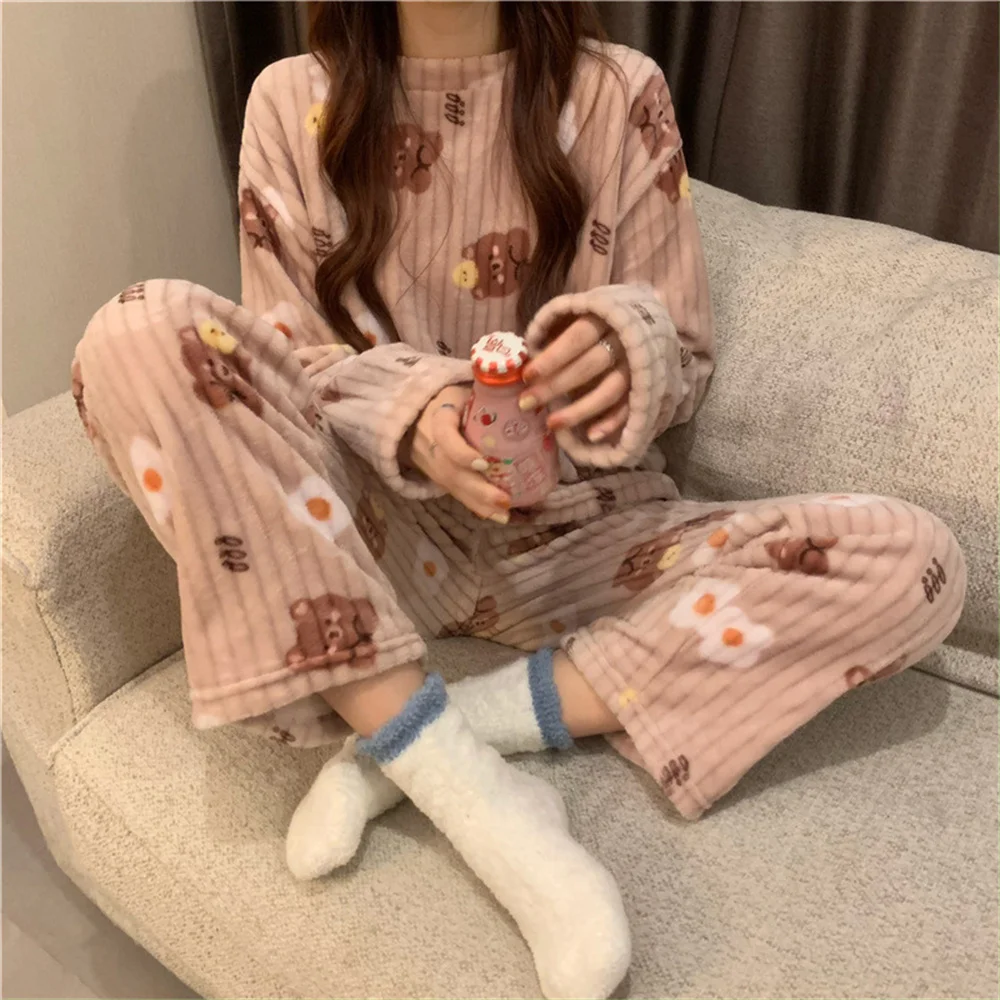 Conjunto de pijamas de flanela quente feminino, veludo coral grosso, manga comprida, pijamas dos desenhos animados, outono, inverno, 2 peças