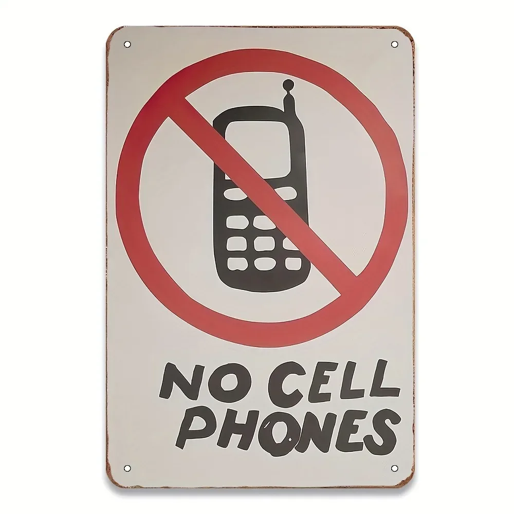 Vintage “No Cell Phones” Humor Metal Sign | 12x8 Inch Retro Iron Wall Art for Classroom, Garage & Bar | Easy Hang Decor