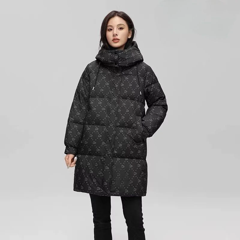 

Winter Hooded Puff Mid Length Printing Down Jacket Female Thicken Warm Zipper Jacket Women White Duck Down Loose Parker Outwears