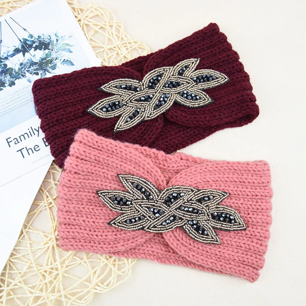 Women Headband Winter Ear Warmer Crystal beads Turban Headwarp Knitted Wool bandana Bandage Hair Accessories Boho Headwear