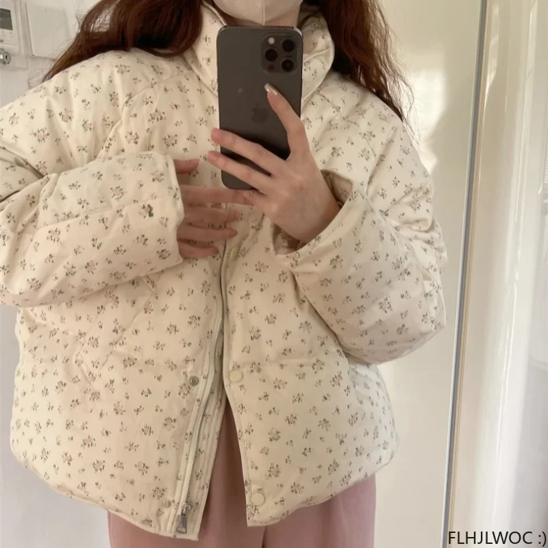 2 Colors 2024 Winter Outerwear Coats Cake Korean Style Stand Collar Floral Cute Girls Short Down Cotton Jacket for Women Parkas