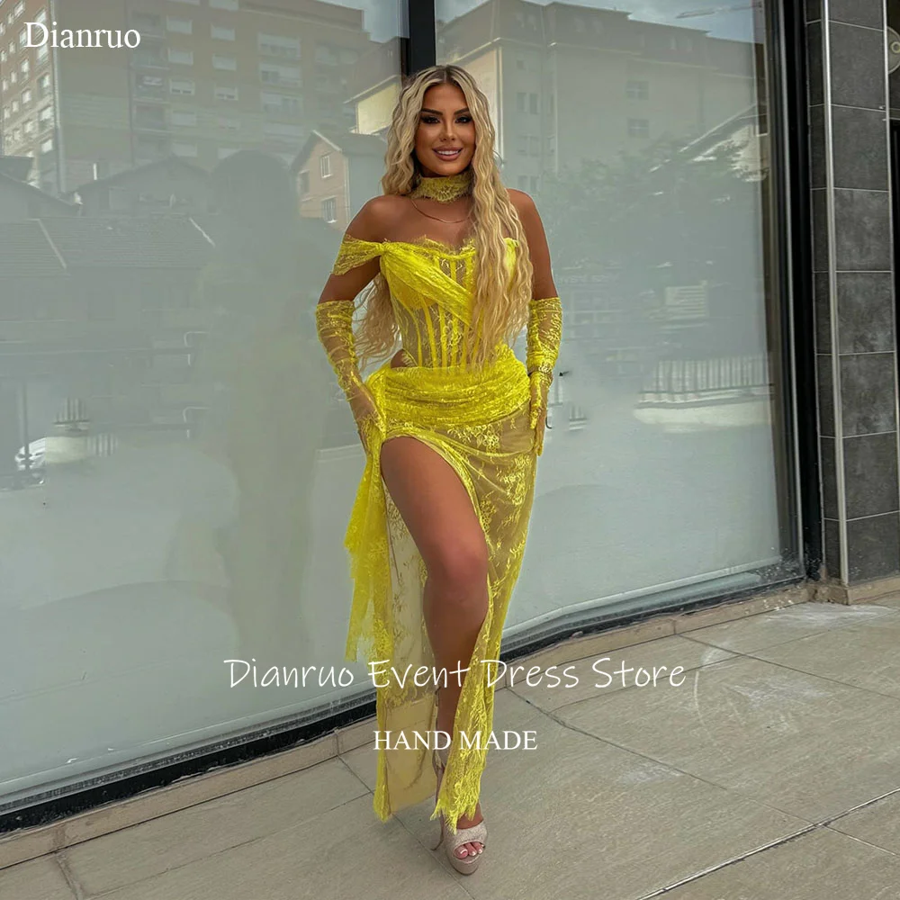 Dianruo Яркие желтые вечерние платья с высоким разрезом Асимметричные аппликации Vestidos De Fiesta Гламурные кружевные платья для выпускного вечера по индивидуальному заказу