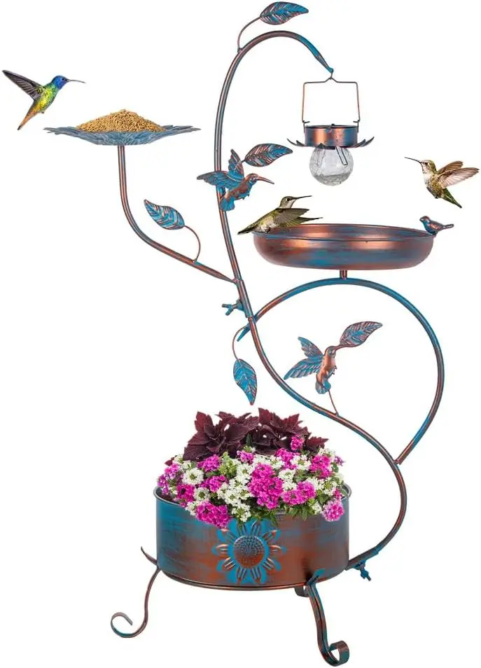 

Solar-Powered Blue Garden Bird Bath with Planter and Feeder for Outdoor Decor