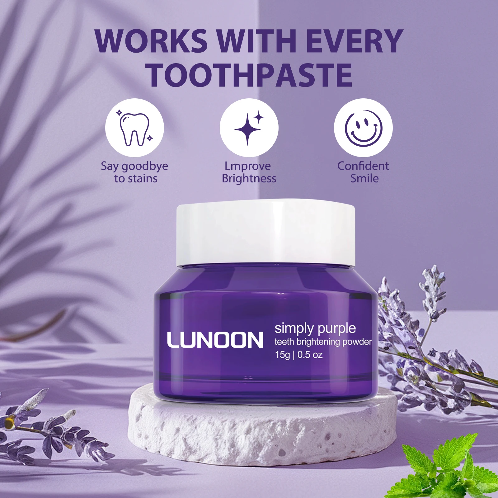 

LUNOON Purple Teeth Whitening Powder 15g - Stain Removal, Brighten Smile, Vegan & Safe Formula with Xylitol & Menthol