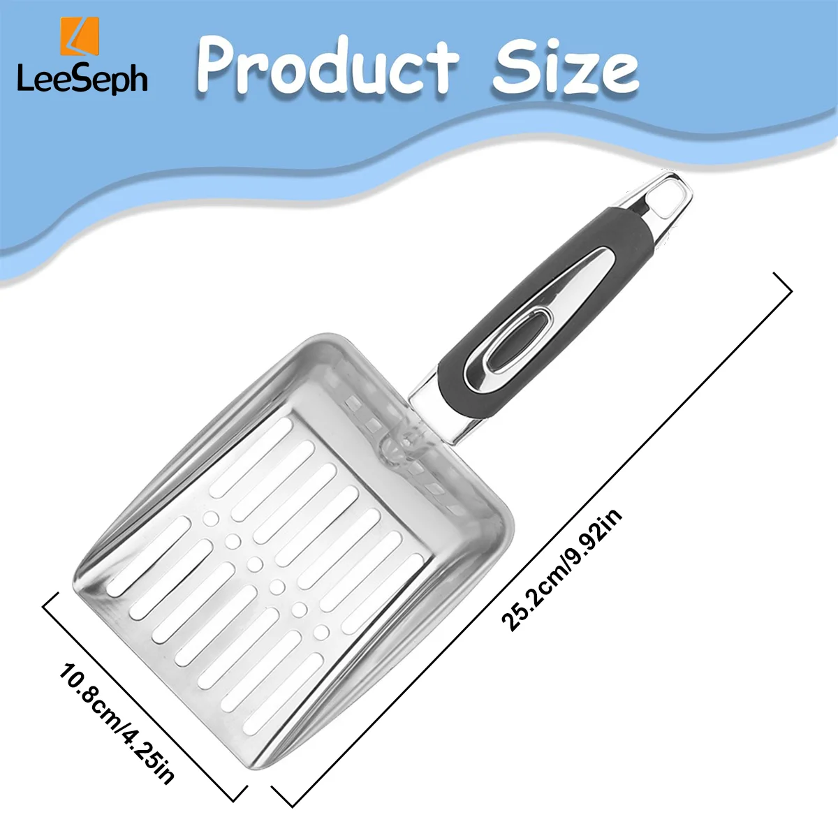 Leeseph Cat Litter Scoop, Stainless Steel Sifter, Kitty Metal Scooper, Deep Shovel, Long Handle, Poop Sifting, for Litter Box