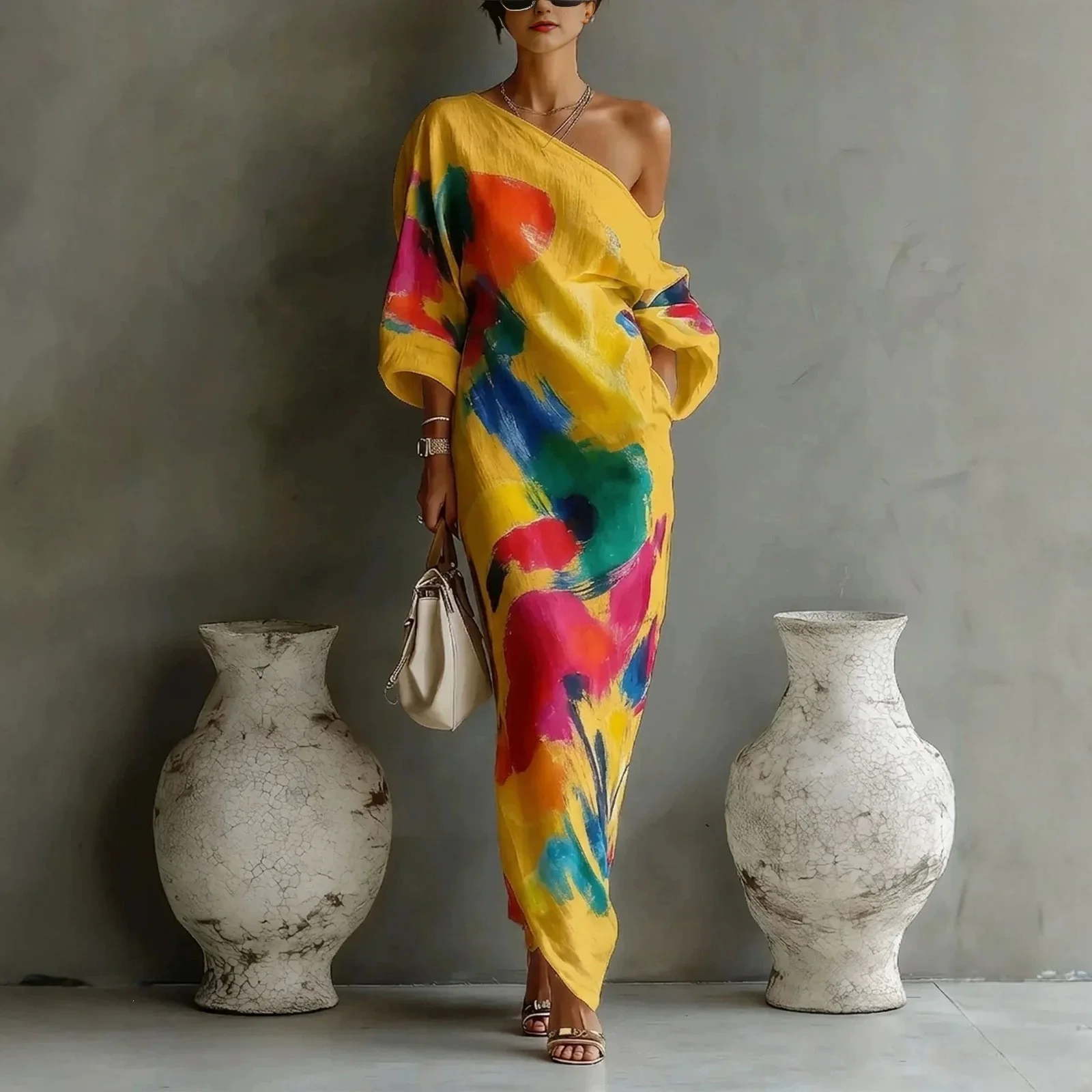 Abstraktes Pinselstrich-Maxikleid mit Einer Schulter, 3/4-Ärmeln, Lockerer Passform, Lässiger Kaftan mit Taschen, Bohemian-Kunstdruck-Kleid für Damen