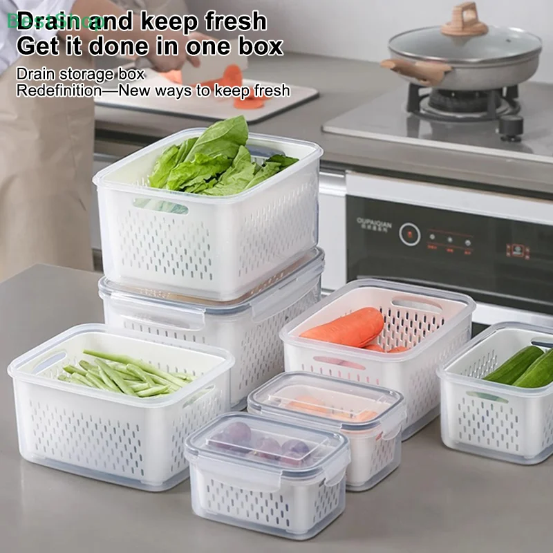 Refrigerator Storage Box Fridge Organizer Fresh Vegetable Fruit Boxes Drain Basket Storage Containers Pantry Kitchen Organizer