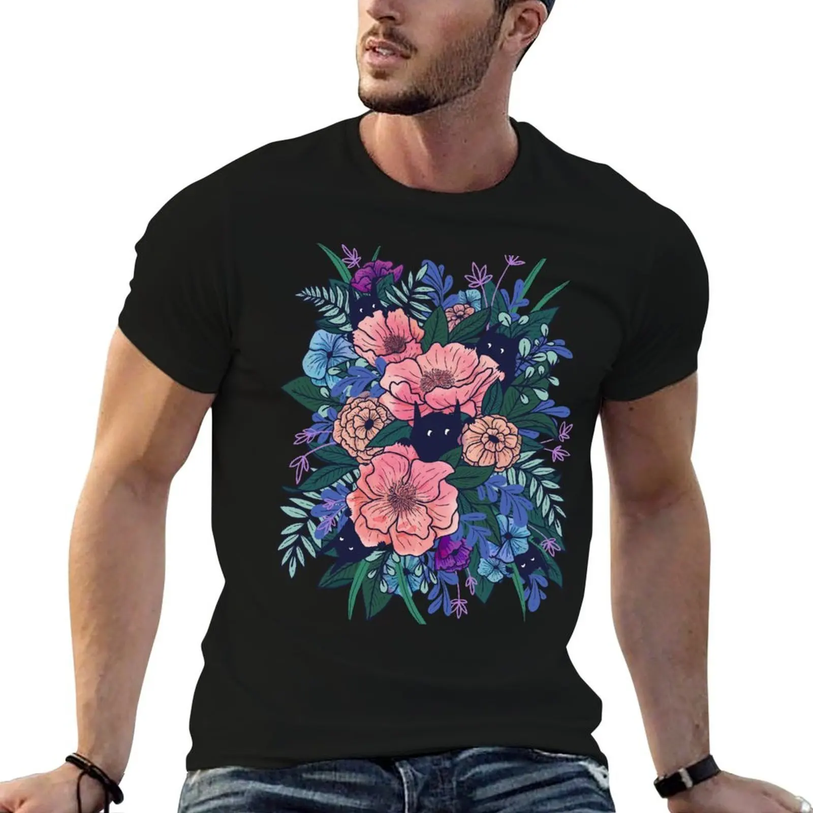 Wild Flowers (on Blue) T-Shirt vintage graphic tee blue lock cotton t shirt men