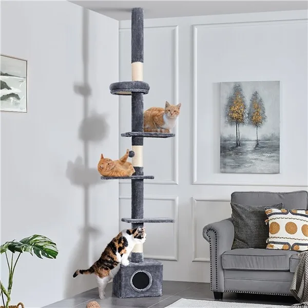 

Floor-to-Ceiling Cat Tree Height Adjustable w/ Condo Scratching Posts 7.4-8.7FT