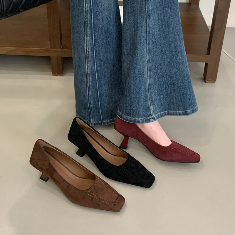 

SUOJIALUN Autumn New Brand Women Pumps Shoes Square Toe Shallow Slip On Dress Pumps Shoes Thin High Heel Elegant Boat Shoes
