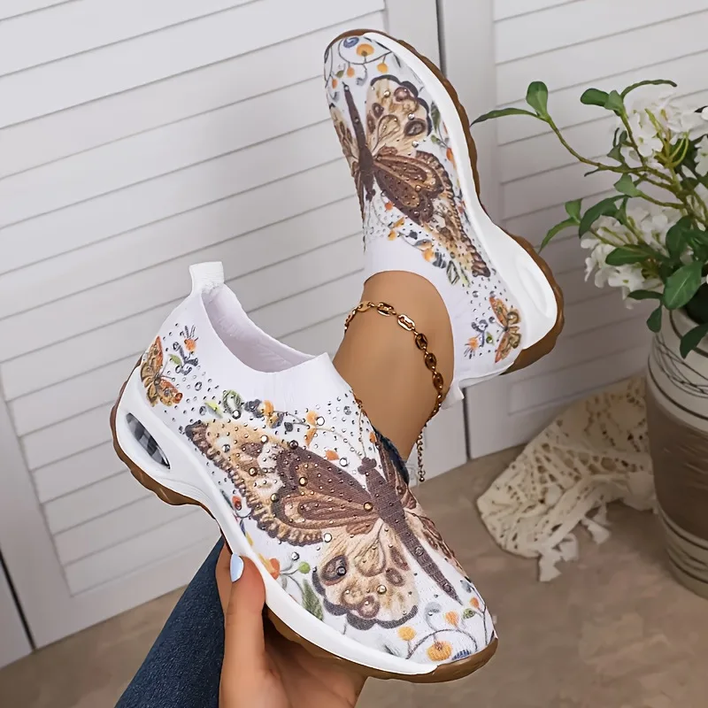 

Women's Butterfly Rhinestone Sneakers Breathable Mesh Slip On Air Cushion Casual Walking Shoes Lightweight Non-Slip Footwear