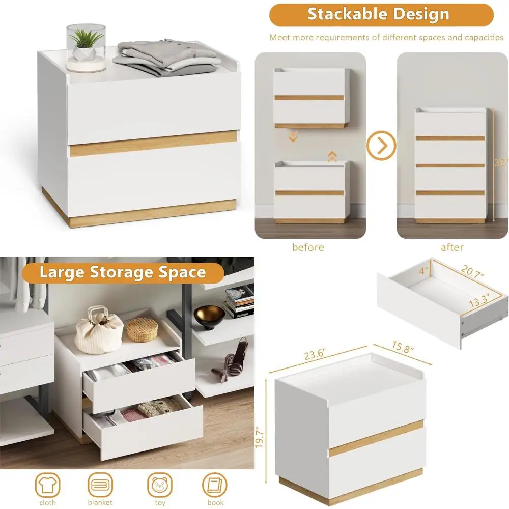 

White Modern Stackable 2-Drawer Nightstand for Bedroom and Closet Storage Solutions