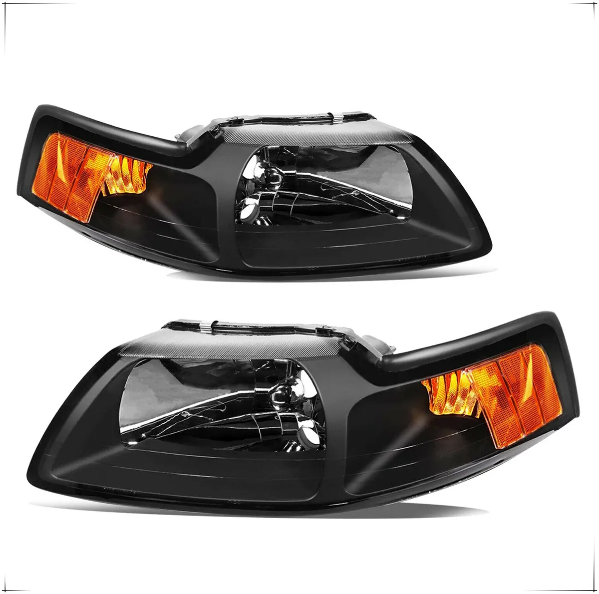 Sulinso For 99-04 Ford Mustang Black Housing Amber Corner Headlights Assembly Lamps L+R