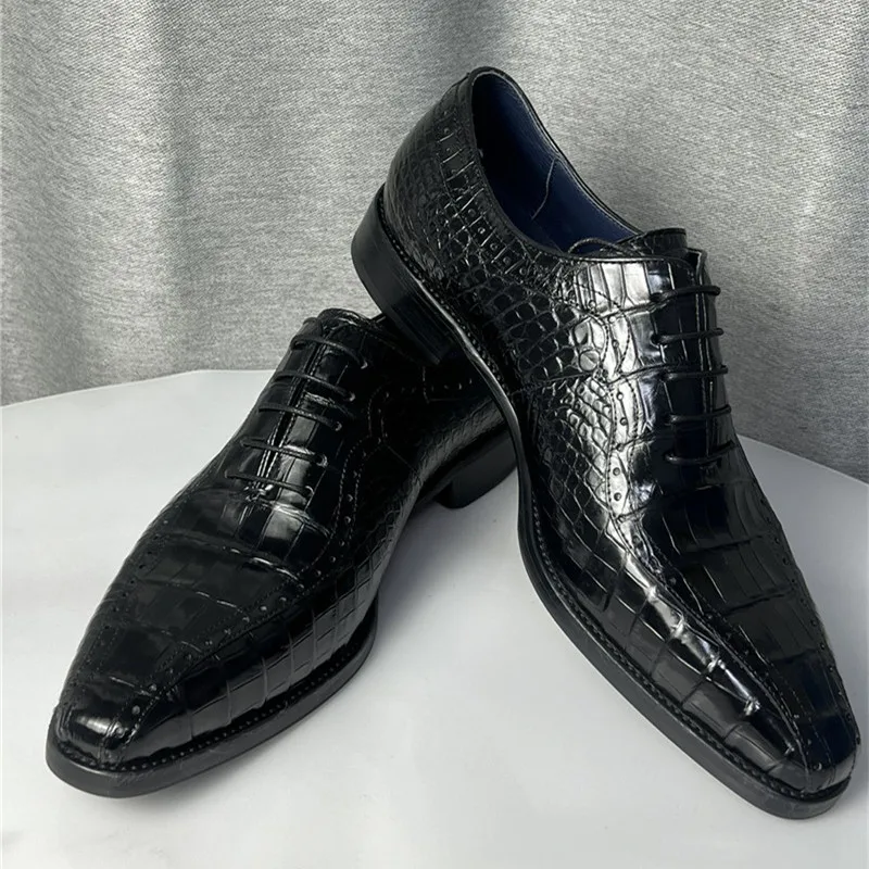 Authentic Exotic Crocodile Skin Businessmen Square-toe Designer Dress Shoes Genuine Alligator Leather Male Lace-up Dress Oxfords
