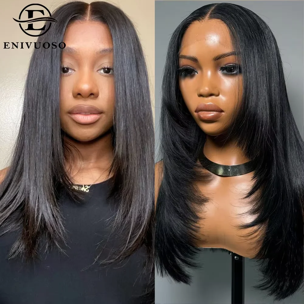 Layered Cut Straight Lace Wigs Preplucked Wear Go Glueless 4X4 Lace Closure Wigs for Women Butterfly Haircut Synthetic Hair Wig