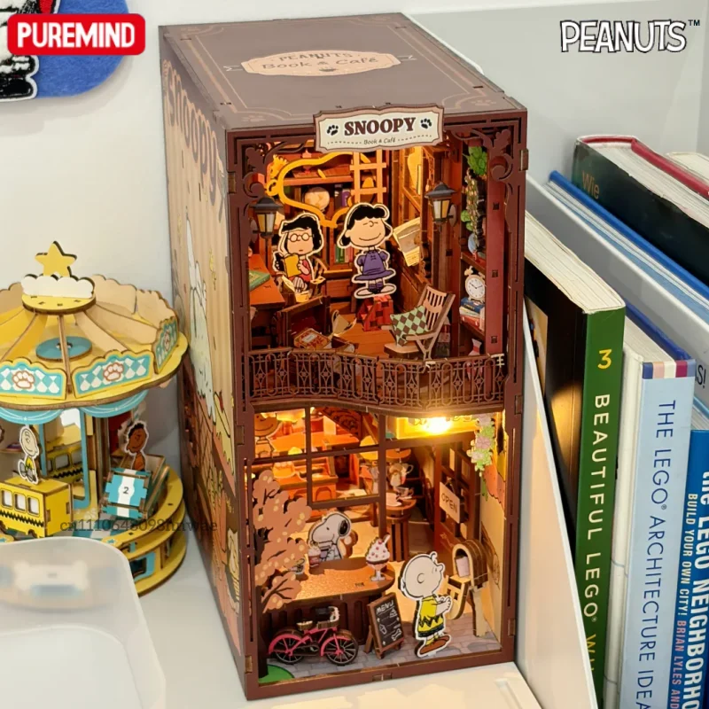 PUREMIND Snoopy Series Bookends Wooden Building Blocks Café Library Assembled Model Toy Desktop Ornament Gift