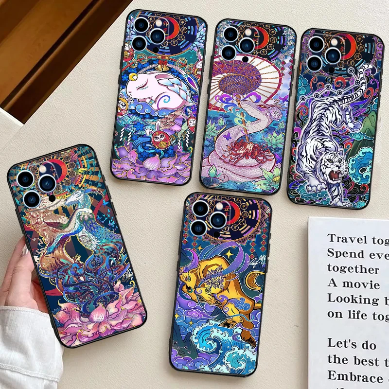 Chinese Zodiac Dragon Tiger Case For iPhone 15 16 13 11 12 14 Pro Max Mini 7 8 14 15 16 Plus XR XS Max X Back Cover