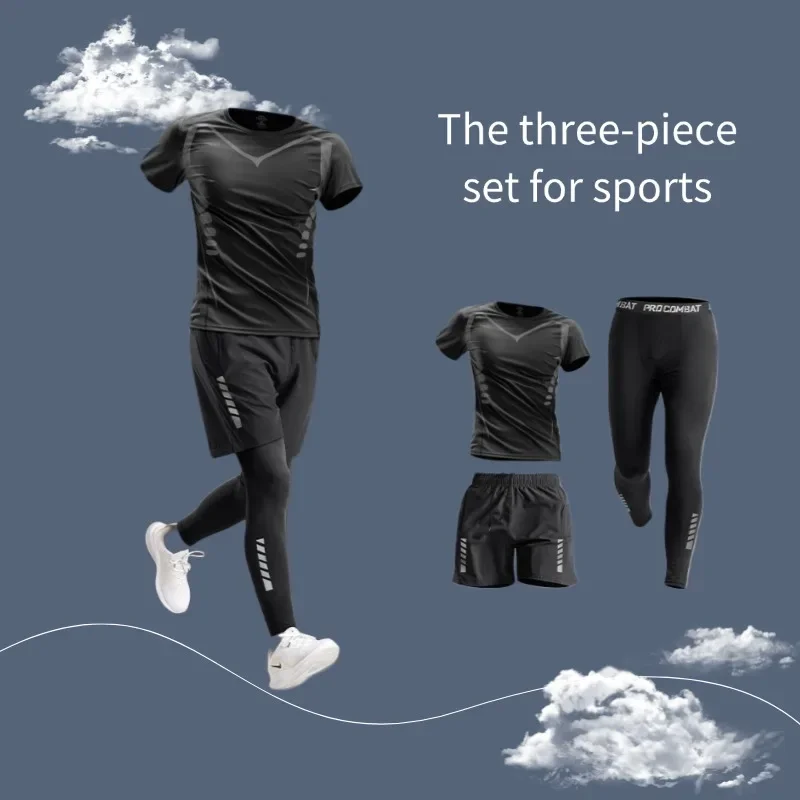 

Спортивная одежда, мужская тренировочная одежда для бега, быстросохнущая одежда, летний быстросохнущий комплект из трех предметов для фитнеса
