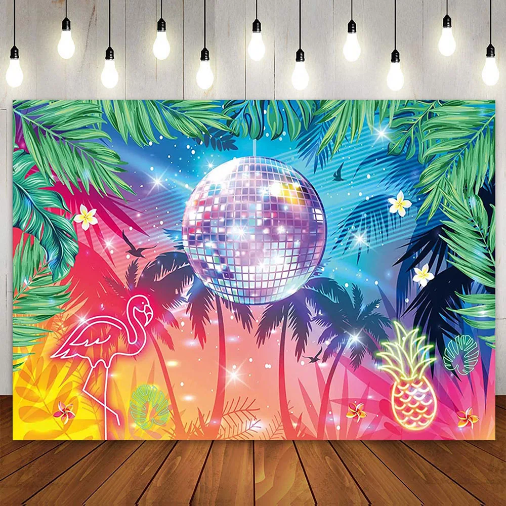 

Summer Disco Backdrop Tropical Leaves Palm Tree Beach Background Flamingo Pineapple Neon Birthday Party Banner Cake Table Decor