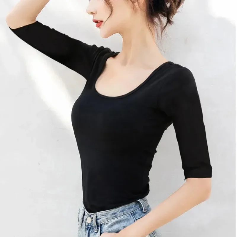 

Solid Summer Lady Top Tees U Neck Backless T Shirt Cotton Slim Fit White T-Shirt Half Sleeve Spring Bottoming Shirts Street Wear