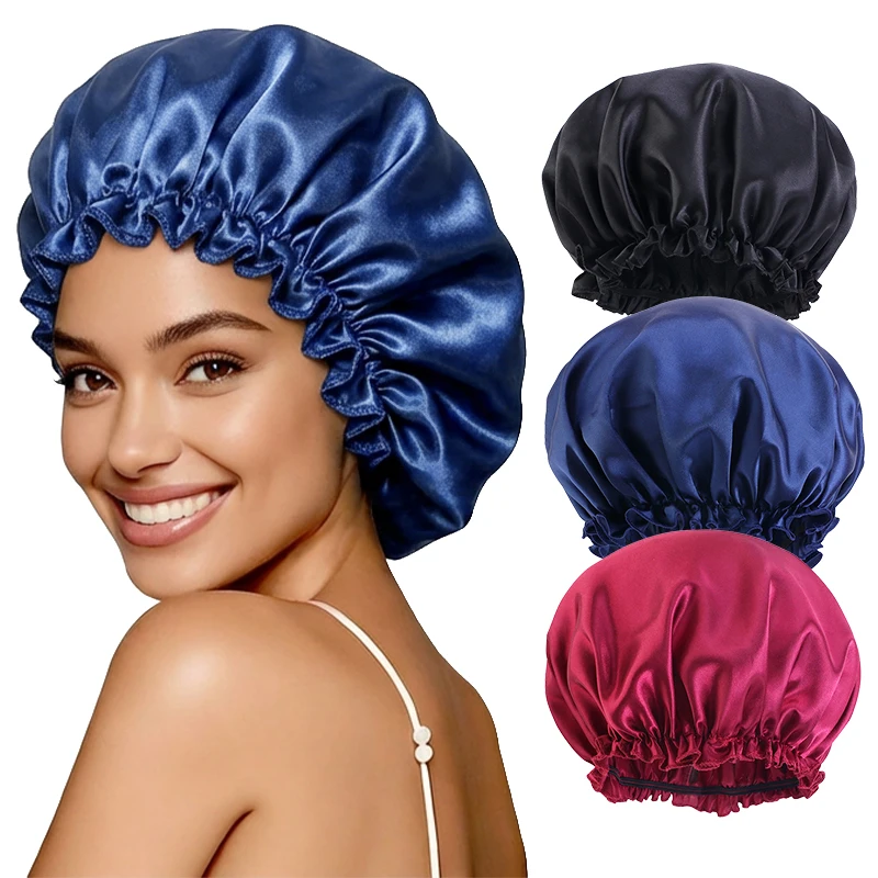 3-teiliges Set Satin-Schlafhauben für Damen, Elastische Schlafmütze, Wasserdichte Duschhaube, Nachtmütze zur Haarpflege – Detail 4
