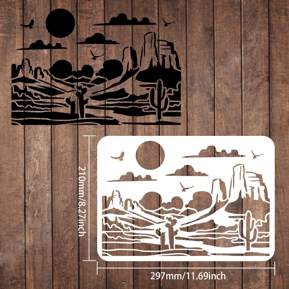 Desert View Stencils 11.7x8.3 inch Plastic Gobi Desert Drawing Painting Stencils Cactus Sun Birds Pattern Wall Stencils Reusable