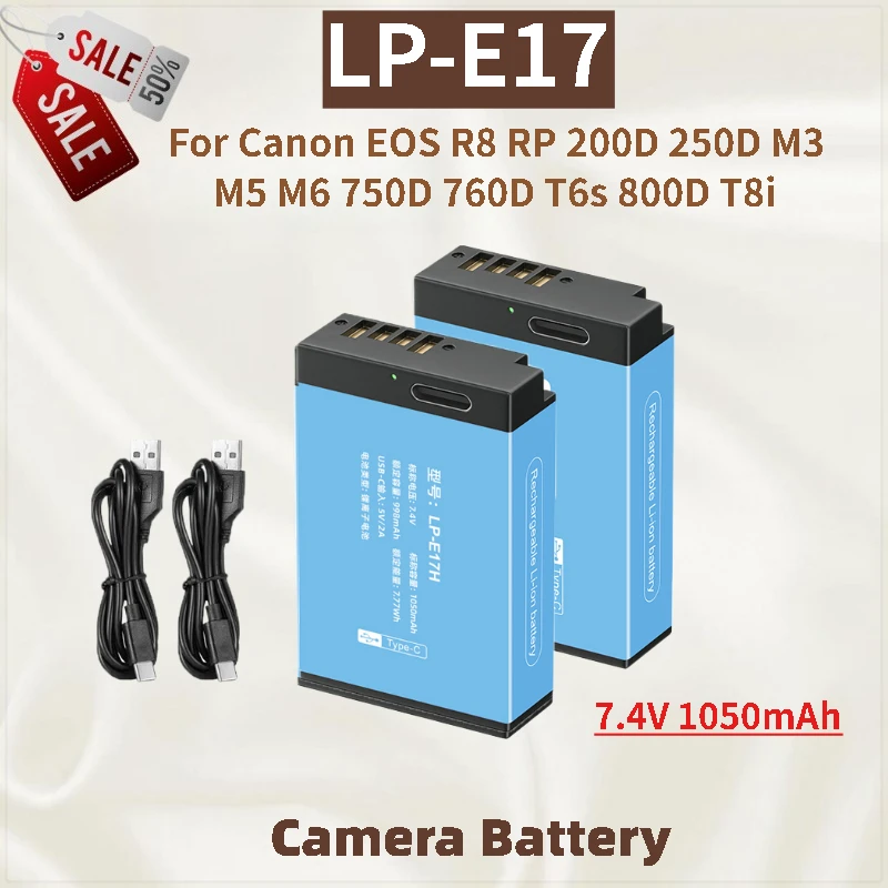 

High Quality 7.4V 1050mAh LP-E17 Camera Battery with Type-c Charging for Canon EOS M3 M5 M6 200D 250D R8 RP 750D 760D T6s 800D