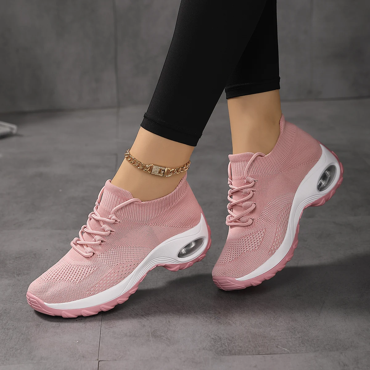 

Women's Walking Shoes Lace-on Sock Sneakers Ladies Nursing Work Barefoot Feel Air Cushion Mesh Pink Casual Running Shoes 1862