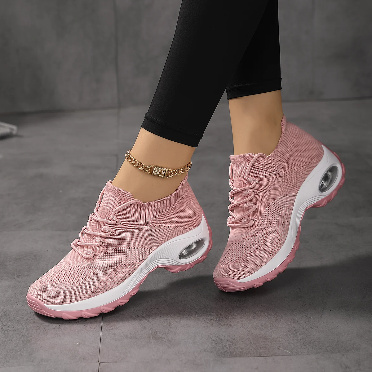 Women's Walking Shoes Lace-on Sock Sneakers Ladies Nursing Work Barefoot Feel Air Cushion Mesh Pink Casual Running Shoes