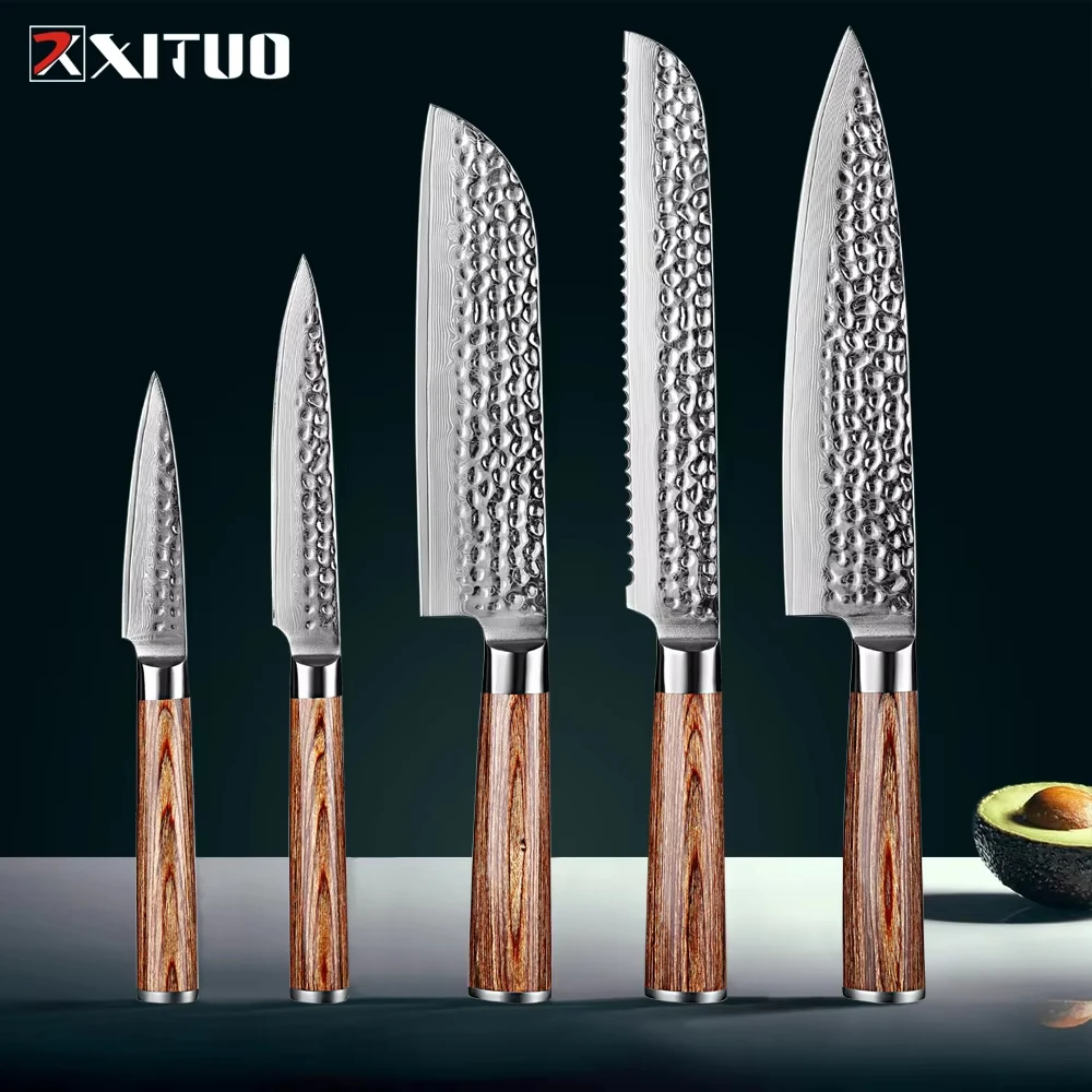 

Damascus Steel Kitchen Knife Set 1-5PCS, Japanese Santoku Chef Knife with Wood Handle - Ultra Sharp Professional Cooking Knives