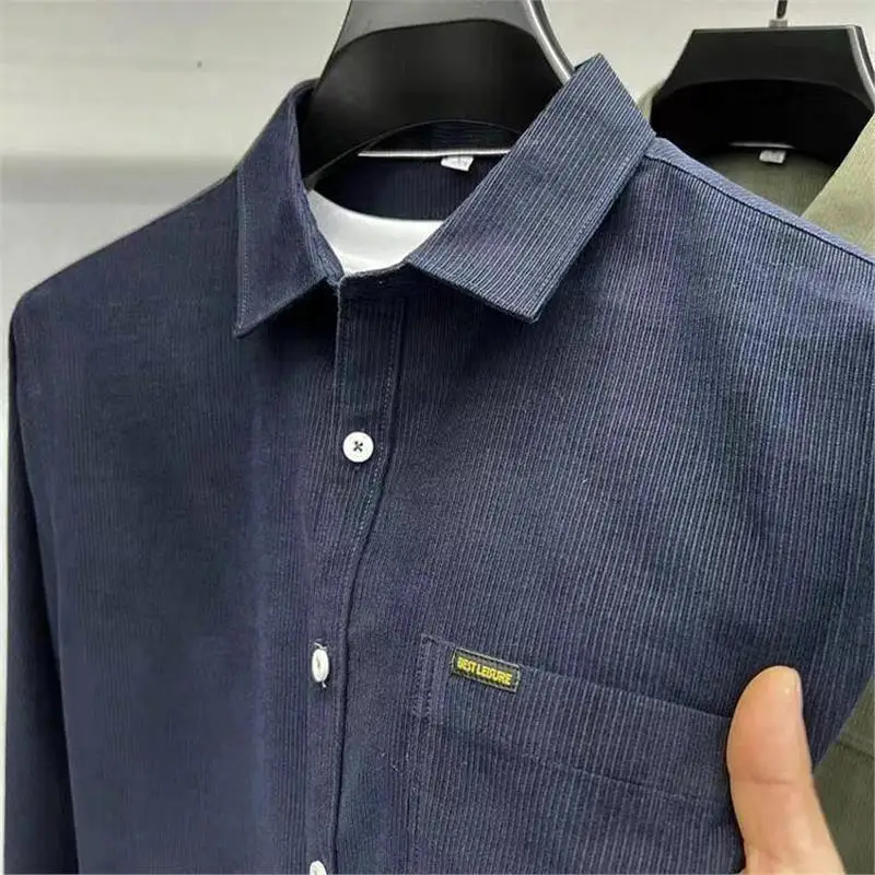 Corduroy Long Sleeve Men's Shirt Casual Trendy Business Versatile Spring Autumn Standard Fit Polyester Youthful Style Button ...