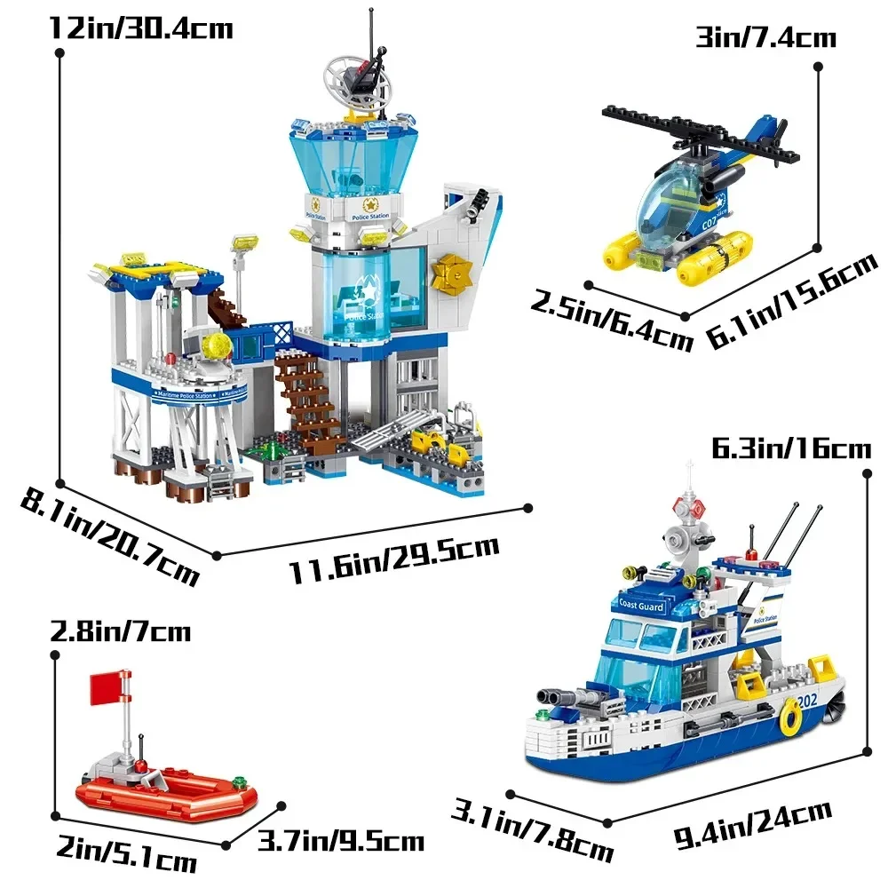 Stadspolitiebureau Bouwsets, 850 Stuks Stamspeelgoed Met Helikoptervliegtuig, Botenschip, Marinepolitiebureau, Cadeau Voor 6-12 Jongens