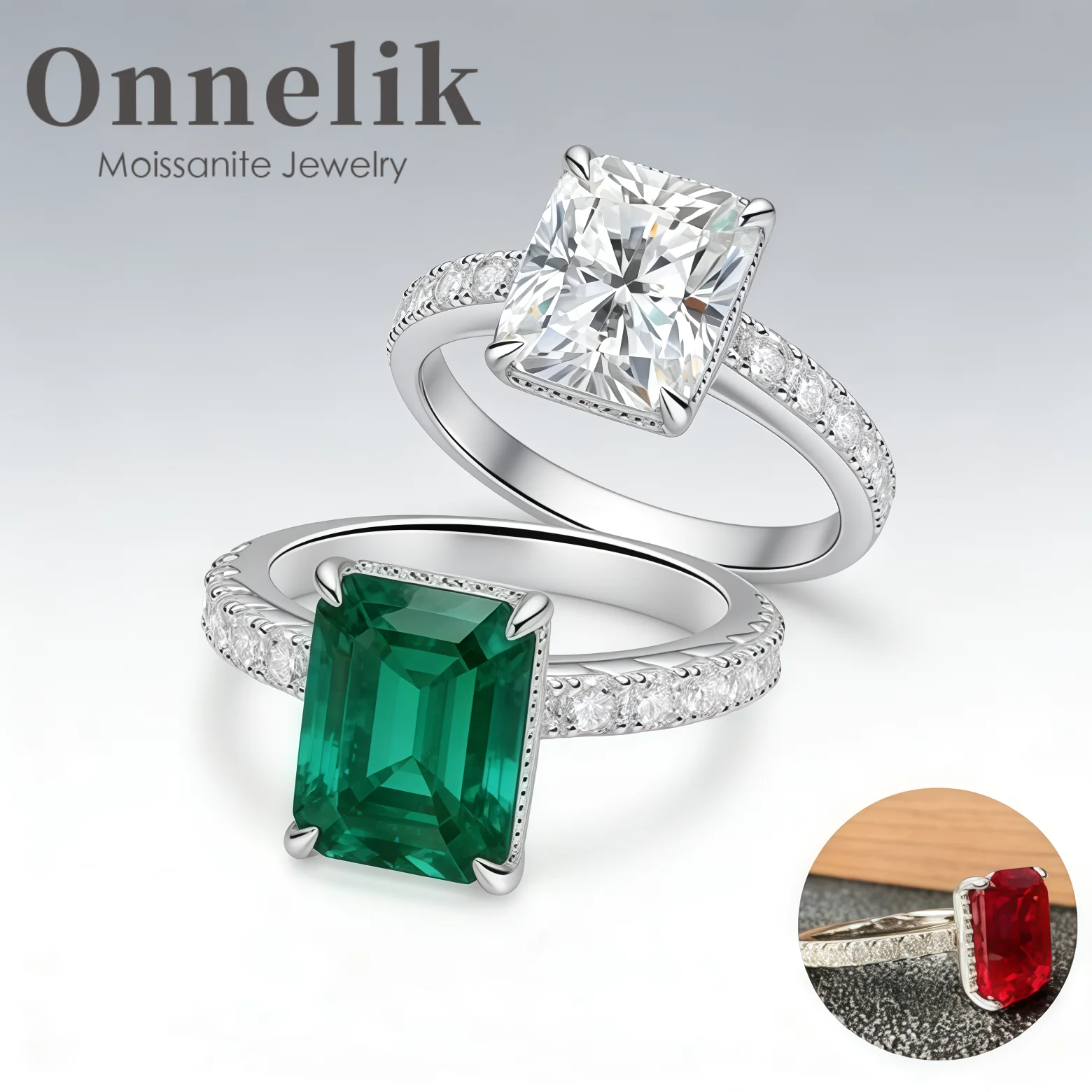 

Onnelik 4CT radiant Cut Full Moissanite Rings Lab Grown Columbia Emerald Ruby rings for Women Engagement Wedding S925 Jewelry