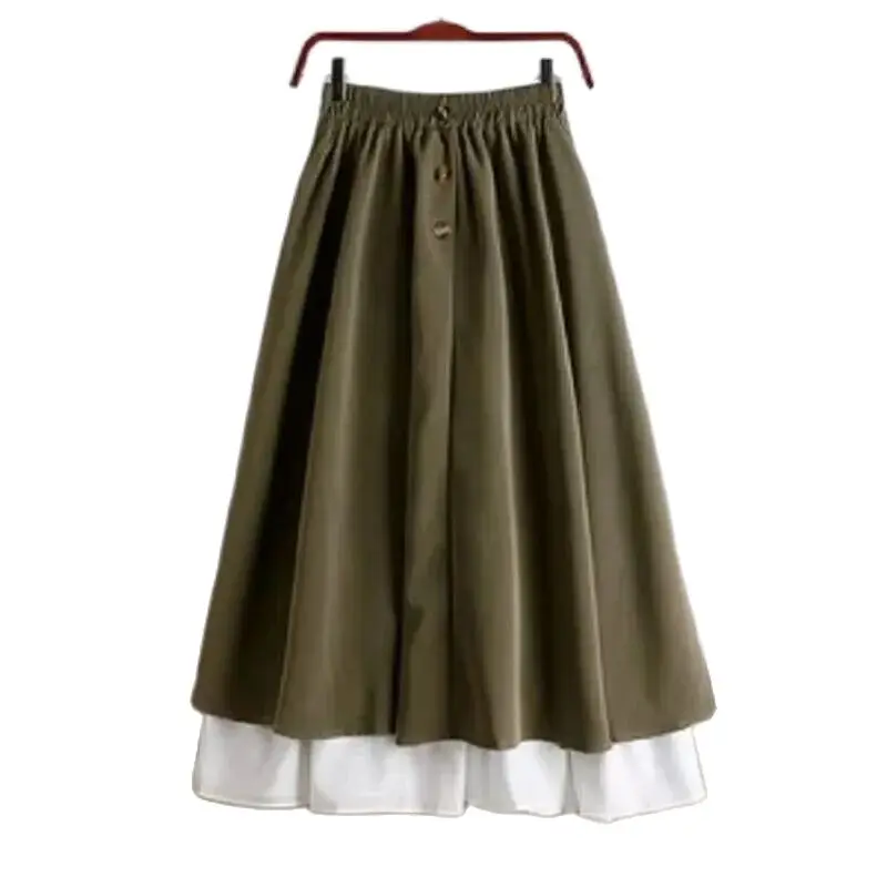 

Spring Summer Skirts Women 2024 New Large-Size High-Waist Loose Big-Swing Buttons Were Spliced Contrast Mid-Long Skirt Female