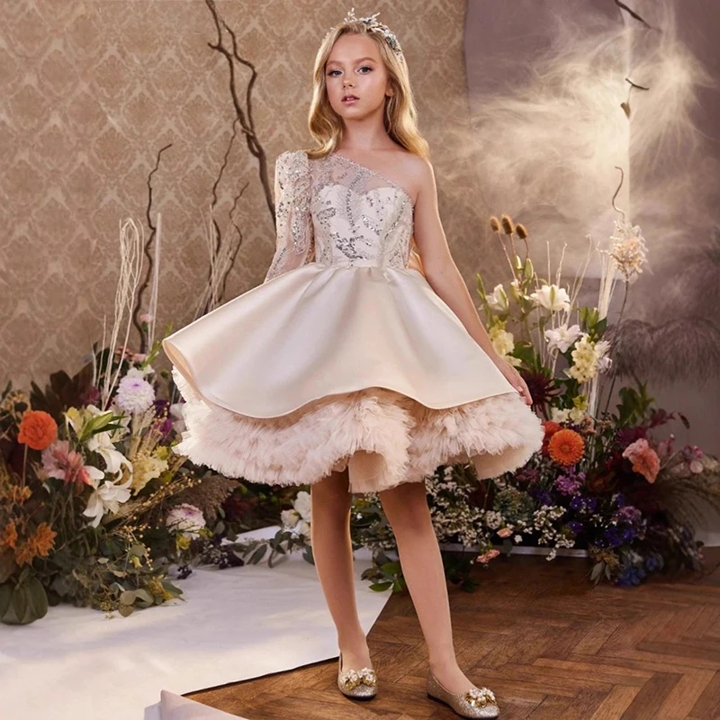 

Girls Sequin One Shoulder Pageant Party Formal Evening Kids European American Princess Dress Children Puffy Gown for Model Show