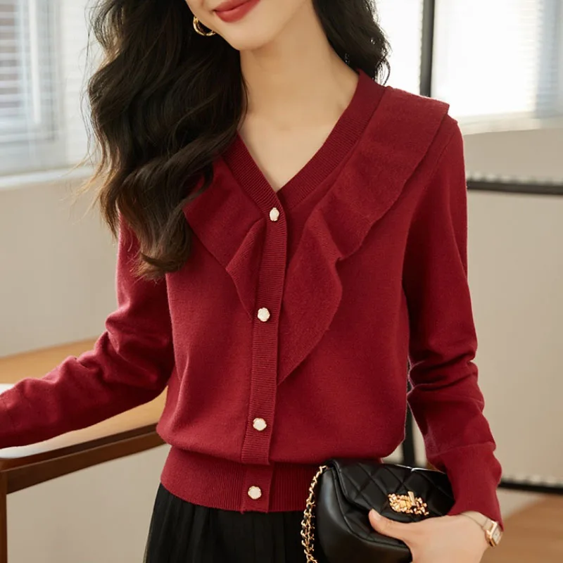 

Women Clothing Knitted Sweater Women Pullovers V-Neck Ruffles Knit Sweater Pullover Women Tops New Long Sleeve Knitwears Q3817