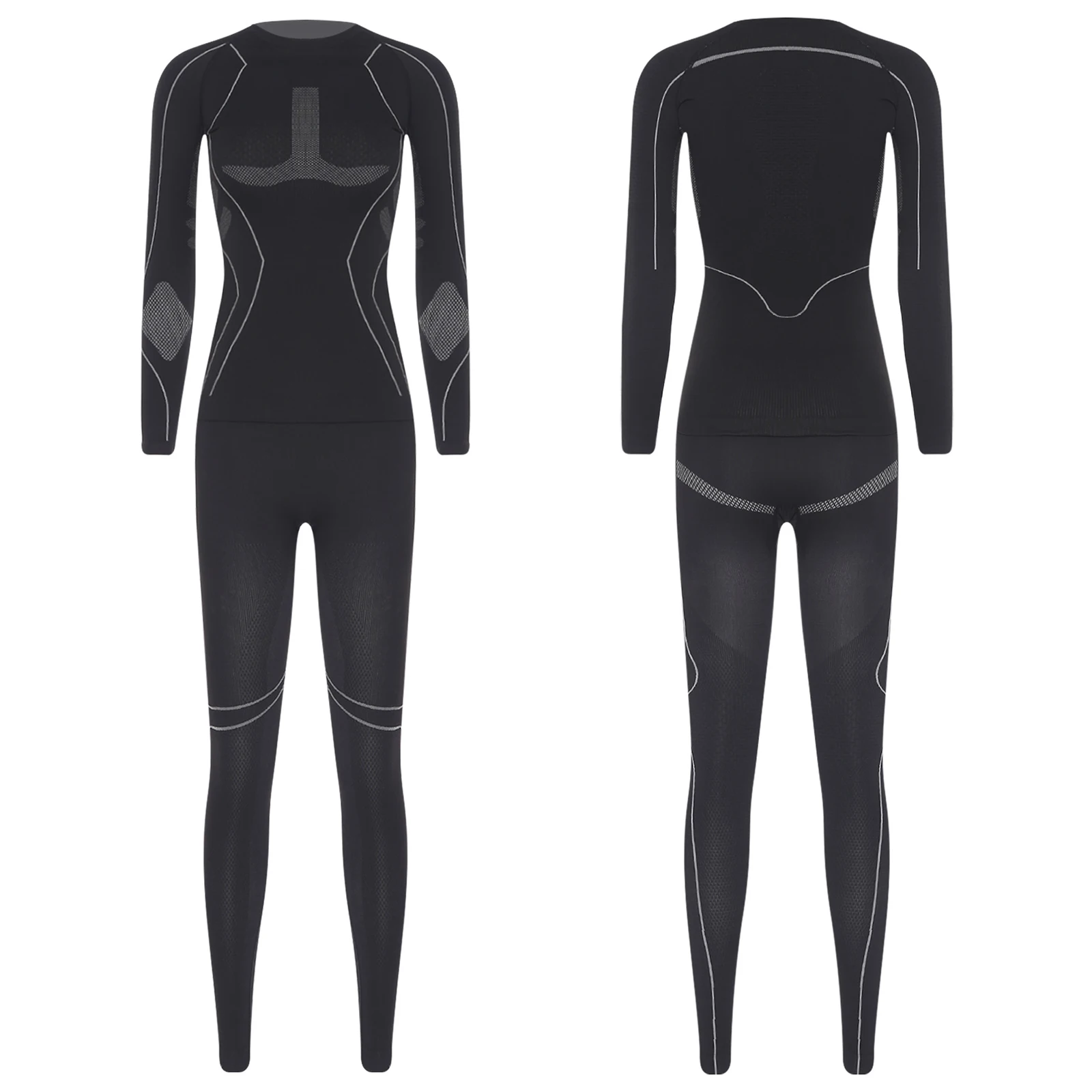 2-teiliges Yoga-Sport-Outfit für Damen, Skifahren, feuchtigkeitsableitende Thermo-Unterwäsche, Radfahren, Wandern, Kleidung, Langarm-Tops + Leggings-Sets