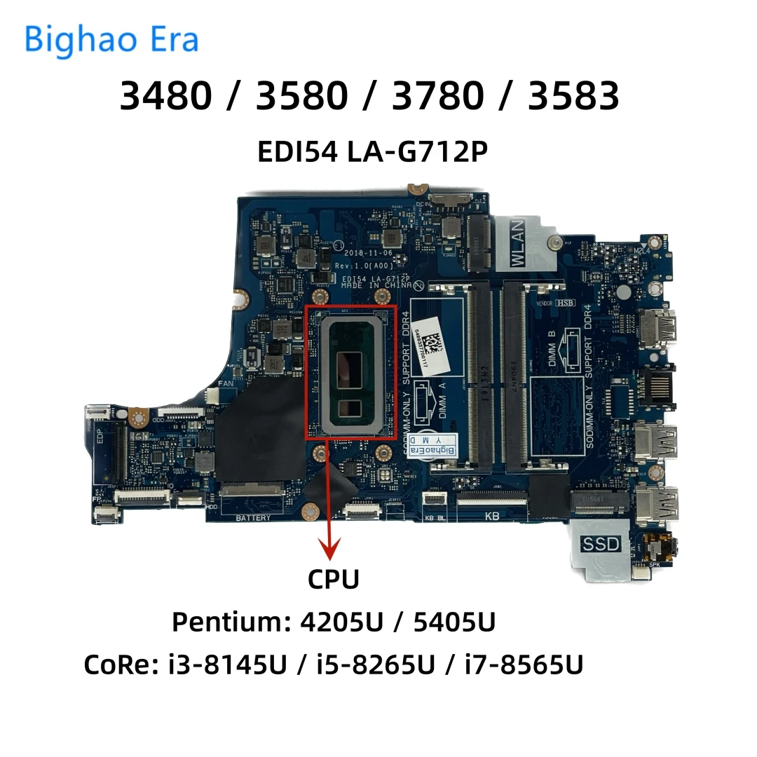 

EDI54 LA-G712P For Dell 14 3480 15 3580 3780 3583 Laptop Motherboard With 4205U i3-8145U i5-8265U i7-8565U CPU UMA DDR4 0VFMW4